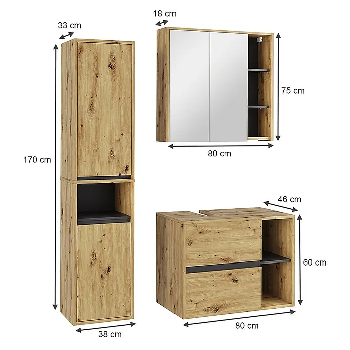 Vicco Badmöbel-Set Viola Artisan/Grau 3 Teile - Artisan-Eiche, Matt - Dreiteiliges Badmöbelset in heller Holzoptik mit dunklen Akzenten.
