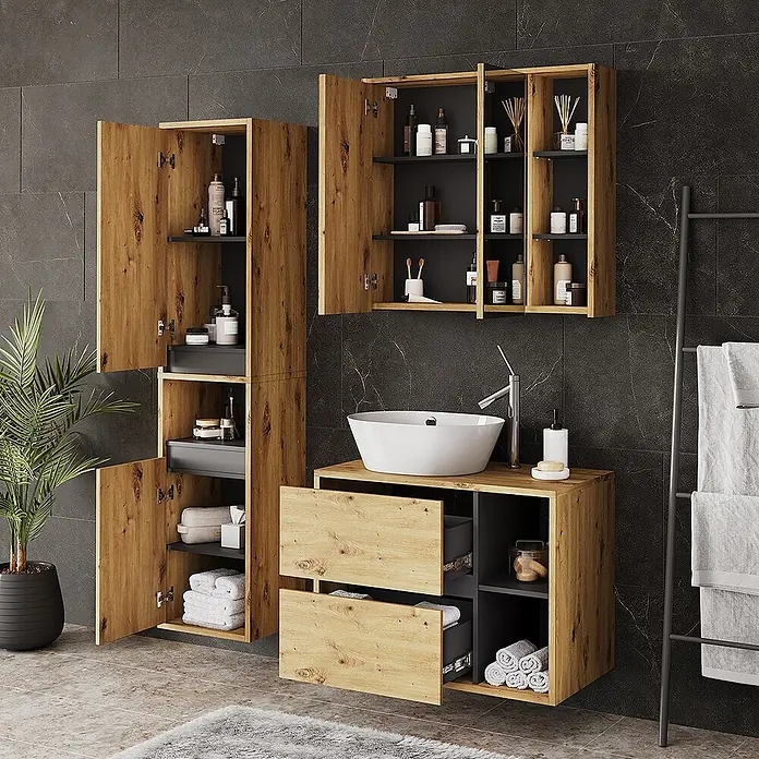 Vicco Badmöbel-Set Viola Artisan/Grau 3 Teile - Artisan-Eiche, Matt - Rustikale Badmöbel aus Holz mit dunkelgrauen Akzenten: Hochschrank, Wandschrank und Waschtisch mit Waschbecken.