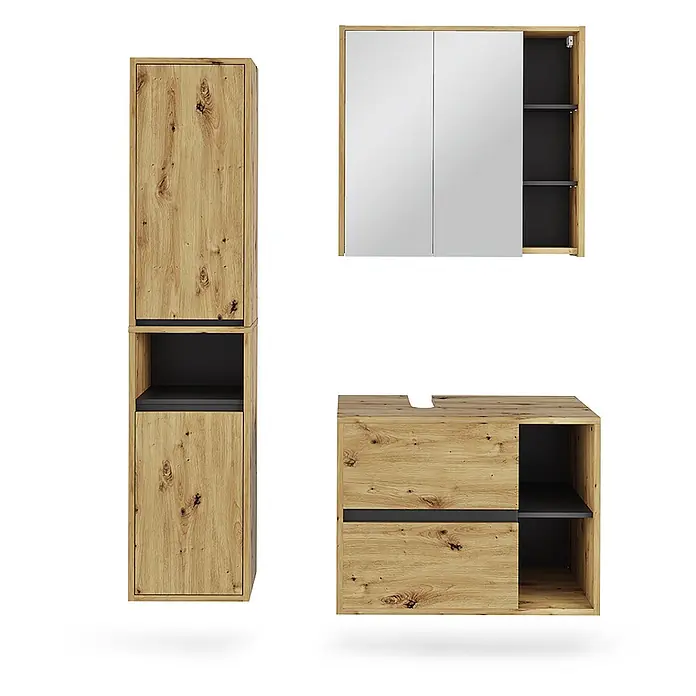 Vicco Badmöbel-Set Viola Artisan/Grau 3 Teile - Artisan-Eiche, Matt - Badezimmermöbel-Set aus hellem Eichenholz mit dunkelgrauen Akzenten: Hochschrank, Spiegelschrank, Waschtischunterschrank.