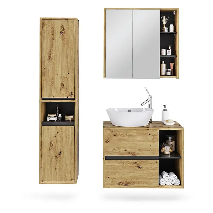 Vicco Badmöbel-Set Viola Artisan/Grau 3 Teile - Artisan-Eiche, Matt - Badezimmermöbel-Set aus hellem Holz mit dunklen Akzenten, bestehend aus Hochschrank, Spiegelschrank und Waschtisch mit Aufsatzwaschbecken.