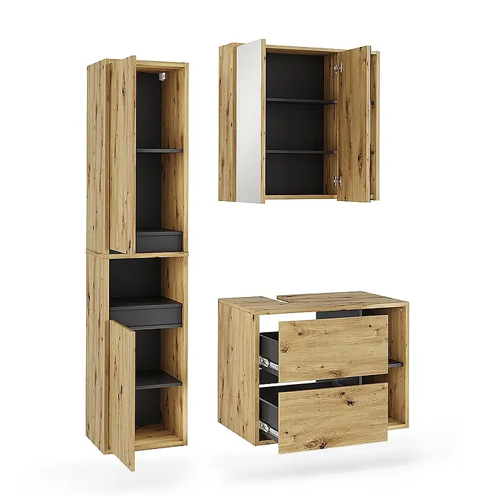 Vicco Badmöbel-Set Viola Artisan/Grau 3 Teile - Artisan-Eiche, Matt - Modulares Badmöbelset in heller Eichenoptik mit dunkelgrauen Innenseiten: Hochschrank, Wandschrank, Waschtischunterschrank mit geöffneten Türen und Schubladen.