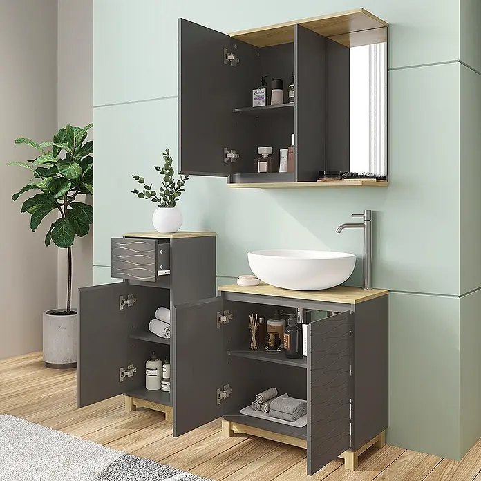 Vicco Badmöbel-Set Livia Anthrazit/Eiche 3 Teile, mit Midischrank - Anthrazit, Matt - Dunkelgraue Badmöbelgarnitur mit Holz-Akzenten, weißem Waschbecken und offenen Schränken, die Stauraum zeigen.