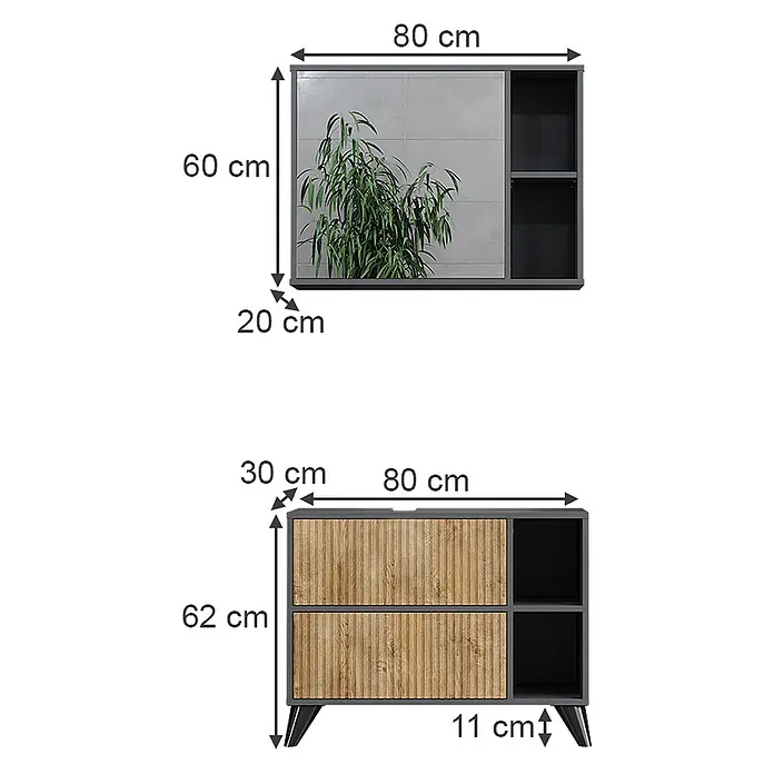 Vicco Badmöbel-Set Leano Anthrazit/Bergeiche 80 cm, Set 1 - Anthrazit, Matt - Anthrazitfarbenes Möbelset: Wandschrank mit Spiegel und Sideboard mit Holzoptik-Schubladen/Regalen.