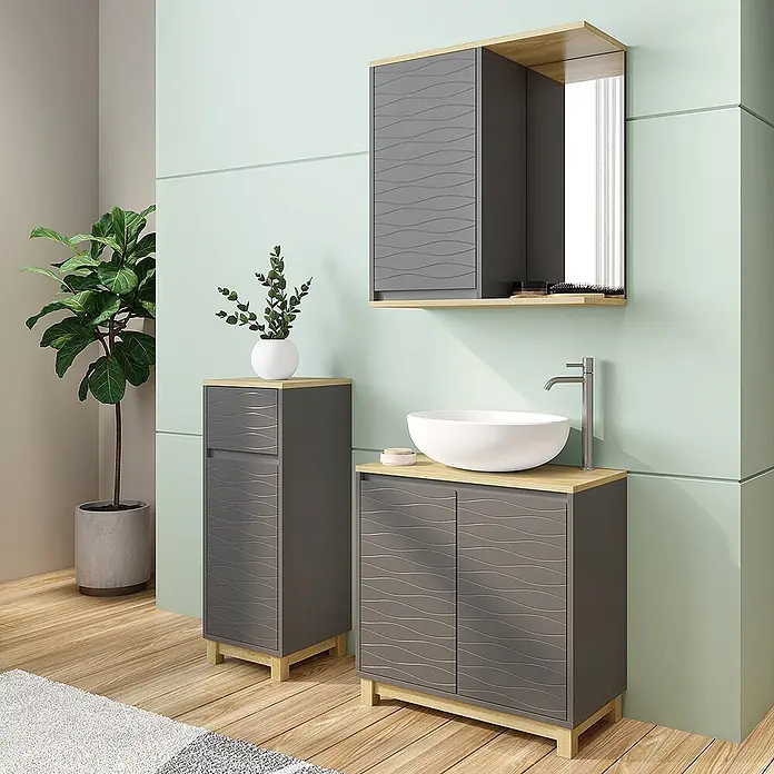 Vicco Badmöbel-Set Livia Anthrazit/Eiche 3 Teile, mit Midischrank - Anthrazit, Matt - Badezimmermöbel-Set mit grauen Wellenfronten und hellen Holzdetails: Waschtisch, Hochschrank und Spiegelschrank.
