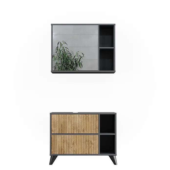 Vicco Badmöbel-Set Leano Anthrazit/Bergeiche 80 cm, Set 1 - Anthrazit, Matt - Dunkelgrauer Wandschrank mit Schiebespiegel (Pflanzenreflexion) und passender Bodenschrank mit zwei geriffelten Holzschubladen und offenen Fächern.