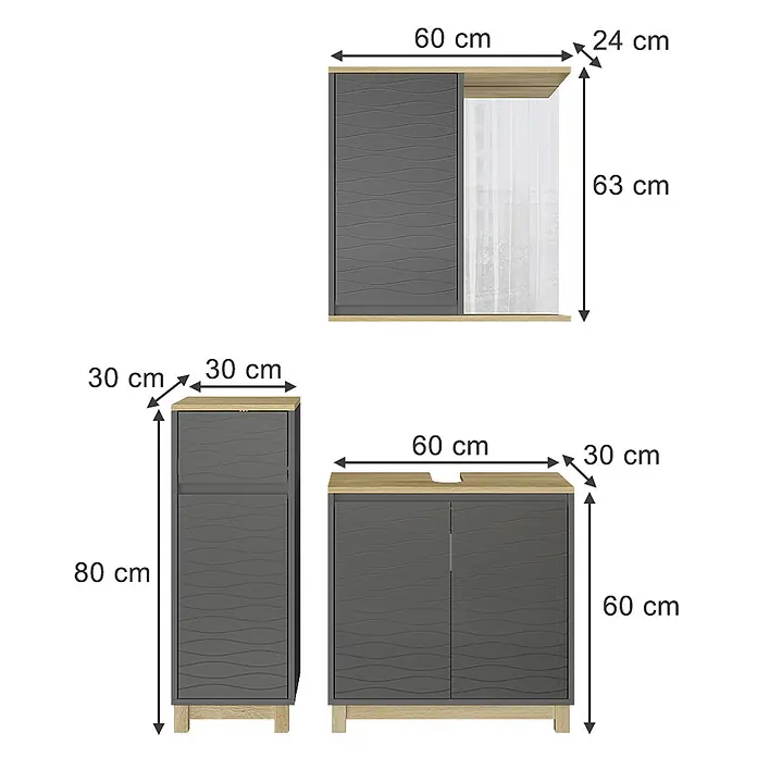 Vicco Badmöbel-Set Livia Anthrazit/Eiche 3 Teile, mit Midischrank - Anthrazit, Matt - Dunkelgraue Badezimmermöbel mit Wellenstruktur und hellen Holzdetails, Maße sind angegeben.