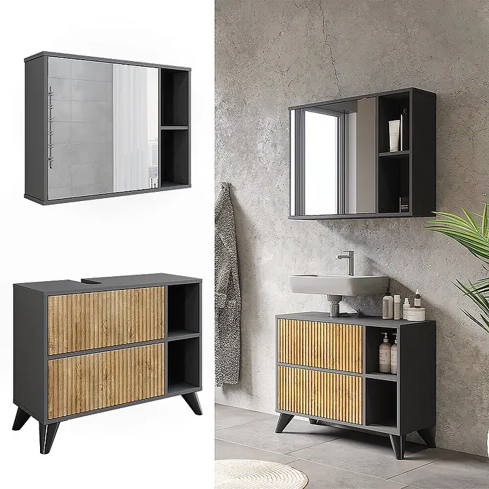Vicco Badmöbel-Set Leano Anthrazit/Bergeiche 80 cm, Set 1 - Anthrazit, Matt - Dunkelgraues Badmöbelset: Spiegelschrank und Waschbeckenunterschrank mit Holzoptik-Lamellenfronten, im modernen Badezimmer dargestellt.
