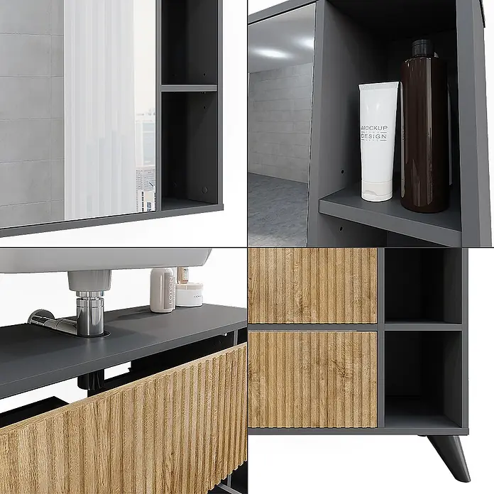 Vicco Badmöbel-Set Leano Anthrazit/Bergeiche 80 cm, Set 1 - Anthrazit, Matt - Dunkelgrauer Badschrank mit geriffelten Holzschubladen, Waschbecken und Spiegelschrank für stilvollen Stauraum.