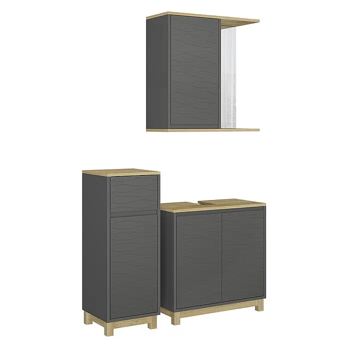 Vicco Badmöbel-Set Livia Anthrazit/Eiche 3 Teile, mit Midischrank - Anthrazit, Matt - Dunkelgraue Modulschränke mit Wellenfronten und hellen Holzplatten/Sockeln.