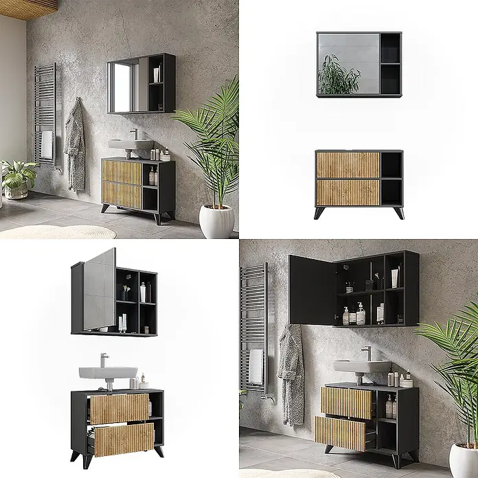 Vicco Badmöbel-Set Leano Anthrazit/Bergeiche 80 cm, Set 1 - Anthrazit, Matt - Anthrazitfarbener Waschtischunterschrank mit Holzlamellen und passendem Spiegelschrank, mit Waschbecken im modernen Bad gezeigt.