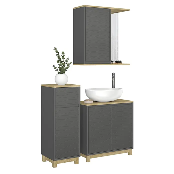Vicco Badmöbel-Set Livia Anthrazit/Eiche 3 Teile, mit Midischrank - Anthrazit, Matt - Badezimmermöbel-Set mit dunkelgrauen Wellenfronten und hellen Eichenakzenten, inkl. Hochschrank, Waschtisch mit Becken und Wandschrank mit Spiegel.