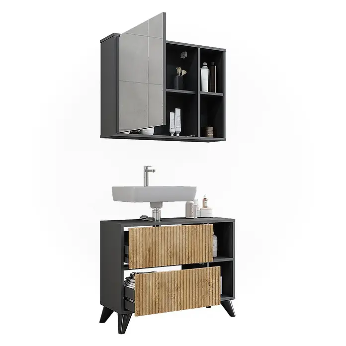 Vicco Badmöbel-Set Leano Anthrazit/Bergeiche 80 cm, Set 1 - Anthrazit, Matt - Dunkelgraues Badmöbel-Set mit weißem Waschbecken, strukturierten Holzschubladen und passendem Spiegelschrank mit offenen Fächern.