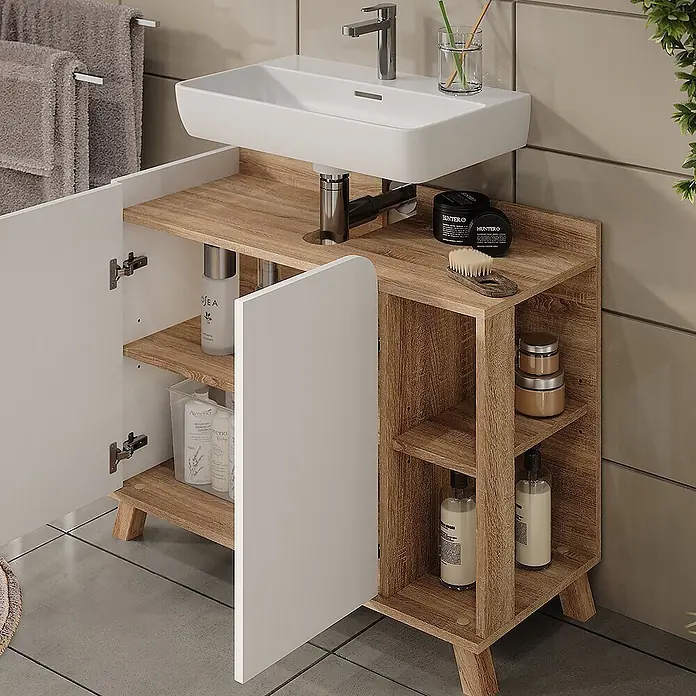 Vicco Badmöbel-Set Karen Sonoma/Weiß 2 Teile - Sonoma, Matt - Badezimmerschrank in Holzmaserung und Weiß mit Waschbecken, offenen und geschlossenen Staufächern.