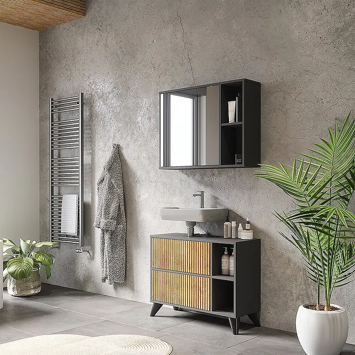 Vicco Badmöbel-Set Leano Anthrazit/Bergeiche 80 cm, Set 1 - Anthrazit, Matt - Modernes Bad mit dunkelgrauem Waschtischunterschrank und Waschbecken, hellen Holzlamellenfronten und passendem Spiegelschrank.