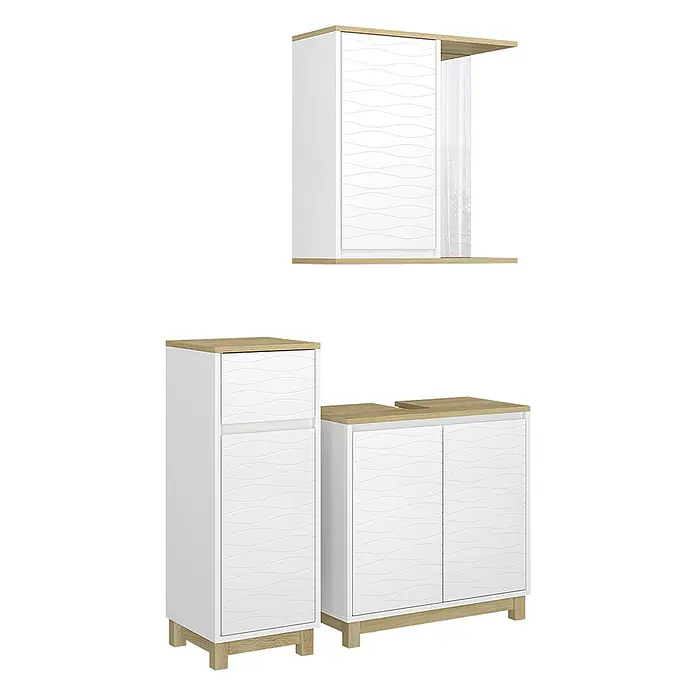 Vicco Badmöbel-Set Livia, Weiß/Eiche 60 cm -  - Weiße Badmöbel mit gewellten Fronten und hellen Holz-Akzenten, inklusive Hängeschrank mit Spiegel und zwei Bodenschränken.