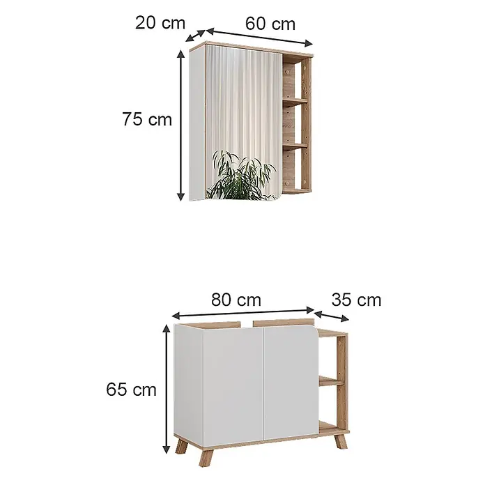 Vicco Badmöbel-Set Karen Sonoma/Weiß 2 Teile - Sonoma, Matt - Weiß-holzfarbenes Badezimmerset mit Spiegelschrank und Unterschrank mit Ablagen.