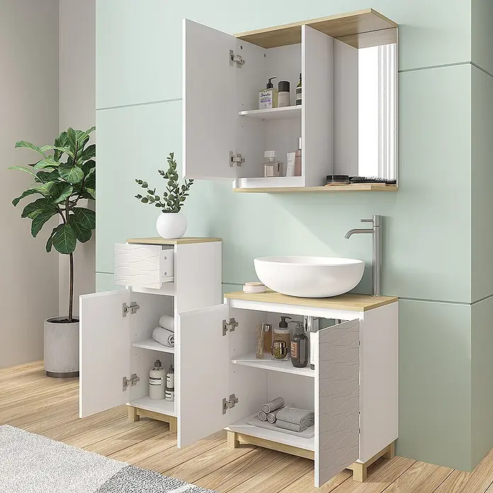 Vicco Badmöbel-Set Livia, Weiß/Eiche 60 cm -  - Weiß-hellbraunes Badmöbel-Set mit Spiegelschrank, Waschtisch mit Aufsatzbecken und Ablageschrank, offen gezeigt.
