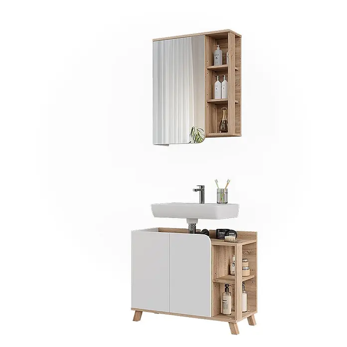 Vicco Badmöbel-Set Karen Sonoma/Weiß 2 Teile - Sonoma, Matt - Modernes Badezimmermöbel-Set mit weißem Waschbecken, hellbraunem Schrank mit weißen Türen und passendem Spiegelschrank mit offenen Regalen.