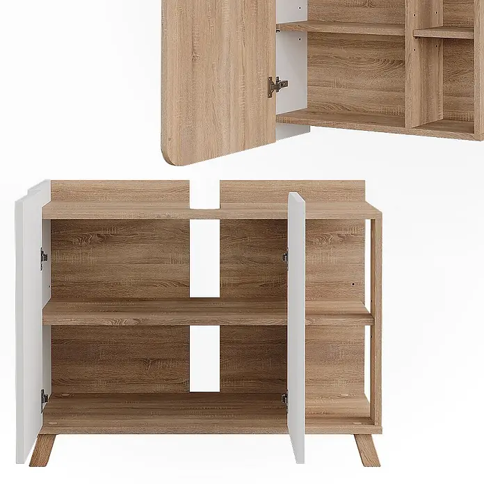 Vicco Badmöbel-Set Karen Sonoma/Weiß 2 Teile - Sonoma, Matt - Schrankset in heller Holzoptik und Weiß mit offenen Regalen und Klapptüren.