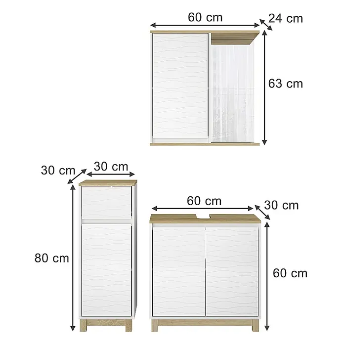 Vicco Badmöbel-Set Livia, Weiß/Eiche 60 cm -  - Weiß-hellbraunes Badmöbel-Set mit wellenförmigen Türen, bestehend aus Wandschrank, Hochschrank und Waschtischunterschrank.