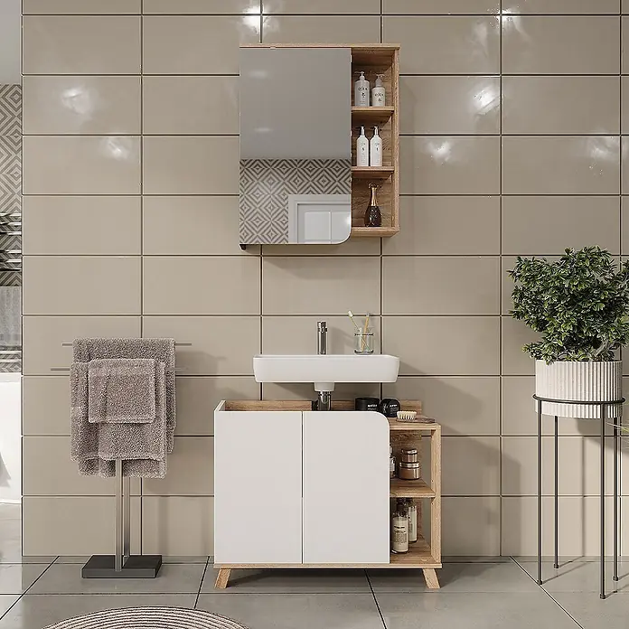 Vicco Badmöbel-Set Karen Sonoma/Weiß 2 Teile - Sonoma, Matt - Moderner Badschrank in Weiß und Holz mit Waschbecken und Spiegelschrank für Stauraum.