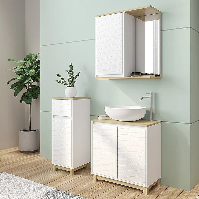 Vicco Badmöbel-Set Livia, Weiß/Eiche 60 cm -  - Weißes Badmöbel-Set mit wellenförmigen Türen und Holzakzenten, bestehend aus Waschtischunterschrank, Hochschrank und Spiegelschrank.