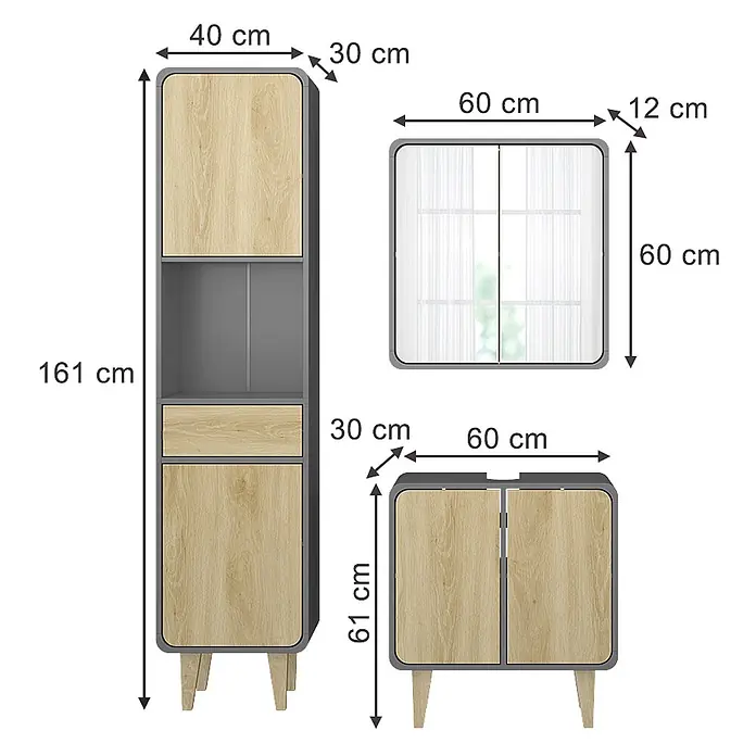 Vicco Badmöbel-Set Arla Anthrazit/Eiche 3 Teile, mit Hochschrank - Anthrazit, Matt - Set aus drei modernen Badschränken: ein hoher Schrank, ein Spiegelschrank und ein Unterschrank, in hellem Holz und Grau.