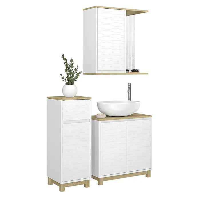 Vicco Badmöbel-Set Livia, Weiß/Eiche 60 cm -  - Weißes Badmöbel-Set mit heller Holzoptik und wellenförmigen Fronten: Hochschrank, Waschtisch mit Aufsatzwaschbecken und Wandschrank mit Spiegel.