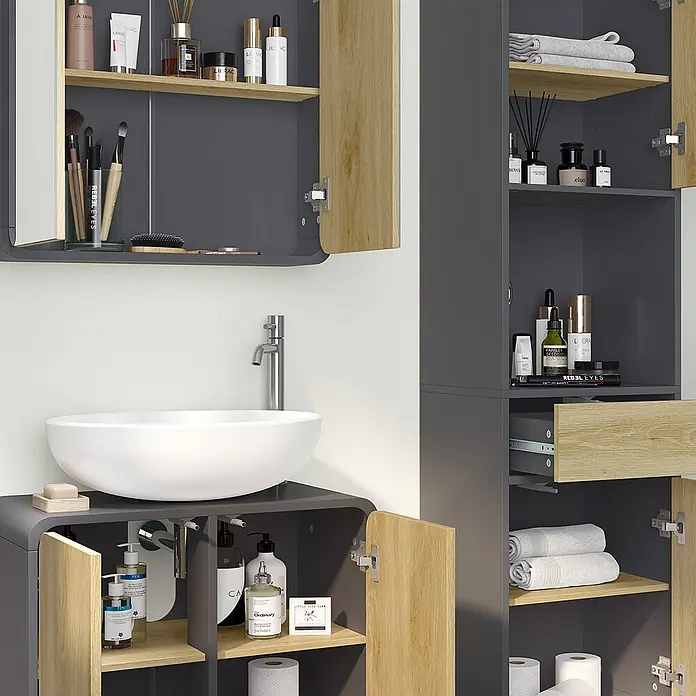 Vicco Badmöbel-Set Arla Anthrazit/Eiche 4 Teile - Anthrazit, Matt - Modernes Badmöbelset in Dunkelgrau und hellem Holz mit Spiegelschrank, Waschbeckenunterschrank und Hochschrank.