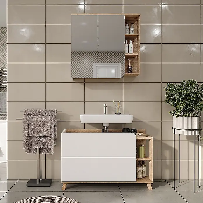 Vicco Badmöbel-Set Karen Sonoma/Weiß 2 Teile - Sonoma, Matt - Modernes Badmöbelset mit weißen Schubladen, Holzdetails, integriertem Waschbecken und passendem Spiegelschrank.