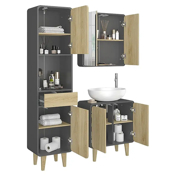 Vicco Badmöbel-Set Arla Anthrazit/Eiche 3 Teile, mit Hochschrank - Anthrazit, Matt - Dunkelgraues Badmöbelset mit Holzoptiktüren, abgerundeten Ecken und Holzfüßen. Beinhaltet Hochschrank, Spiegelschrank und Waschtischunterschrank.