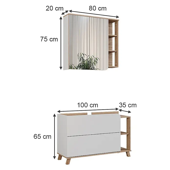 Vicco Badmöbel-Set Karen Sonoma/Weiß 2 Teile - Sonoma, Matt - Weißes und helles Holzmöbelset: ein Spiegel-Wandschrank und eine passende Kommode, beide mit offenen Fächern.