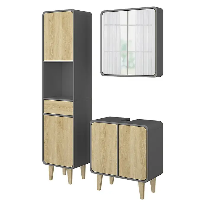 Vicco Badmöbel-Set Arla Anthrazit/Eiche 3 Teile, mit Hochschrank - Anthrazit, Matt - Dreiteiliges Badmöbelset: dunkelgraue Schränke mit hellen Holzfronten, Holzbeinen und einem Spiegelschrank.