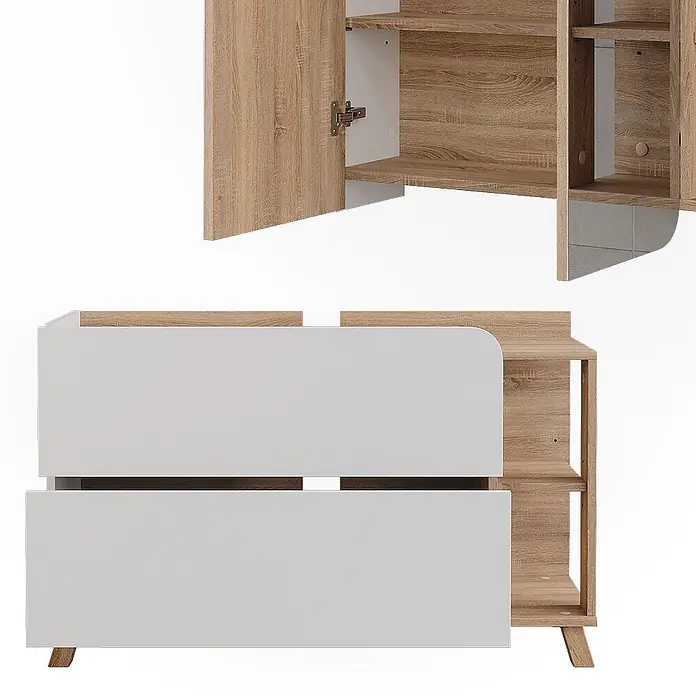 Vicco Badmöbel-Set Karen Sonoma/Weiß 2 Teile - Sonoma, Matt - Zweiteiliges Aufbewahrungsmöbel-Set: Hängeschrank aus hellem Holz und Weiß, Kommode mit zwei weißen Schubladen und offenen Holzregalen.