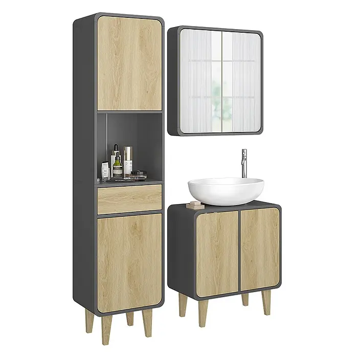 Vicco Badmöbel-Set Arla Anthrazit/Eiche 3 Teile, mit Hochschrank - Anthrazit, Matt - Badezimmermöbel-Set in Dunkelgrau und hellem Holz, bestehend aus einem Hochschrank, Spiegelschrank und Waschtischunterschrank mit Aufsatzwaschbecken.