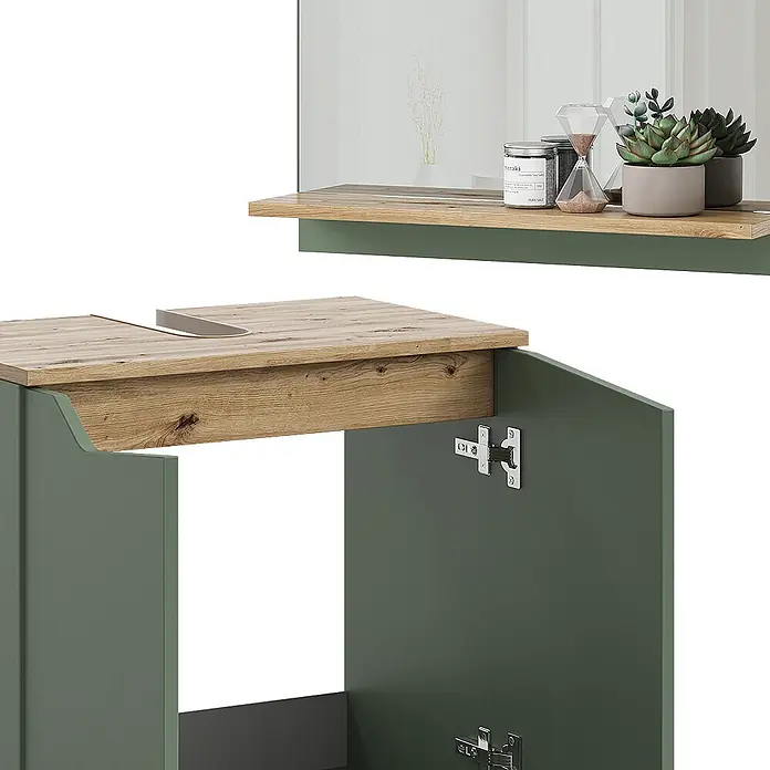 Vicco Badmöbel-Set Marelle Grün/Artisan 3 Teile, mit Hochschrank - Grün, Matt - Dunkelgrüner Waschtischunterschrank mit Holzplatte und passendem Wandregal. Der Schrank hat eine offene Tür und einen Ausschnitt für ein Waschbecken.