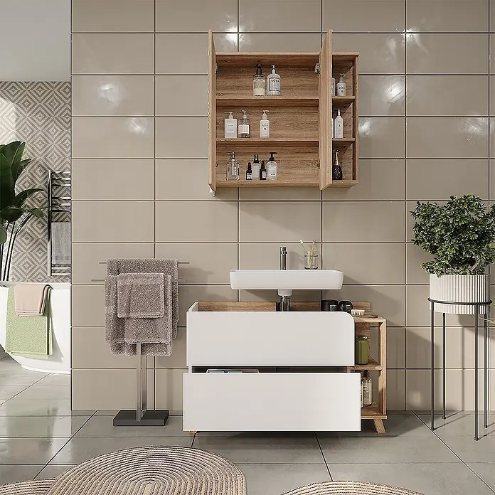 Vicco Badmöbel-Set Karen Sonoma/Weiß 2 Teile - Sonoma, Matt - Moderner Badezimmerschrank mit weißen Schubladen und Naturholzrahmen, dazu passender Hängeschrank, in einem stilvollen Badezimmer.