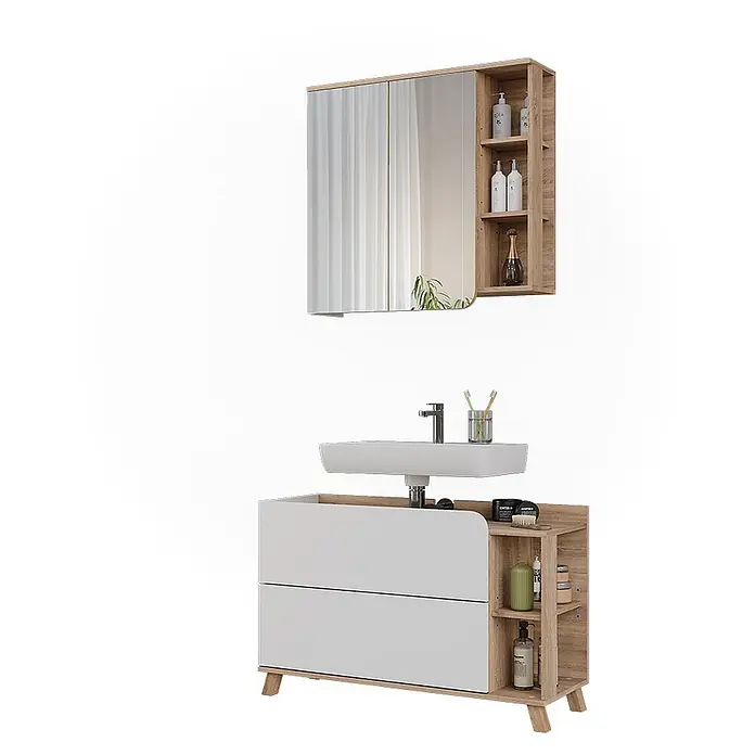 Vicco Badmöbel-Set Karen Sonoma/Weiß 2 Teile - Sonoma, Matt - Badezimmer-Waschtischset in hellem Holz und Weiß. Mit Spiegelschrank und Unterschrank mit Waschbecken und Stauraum.