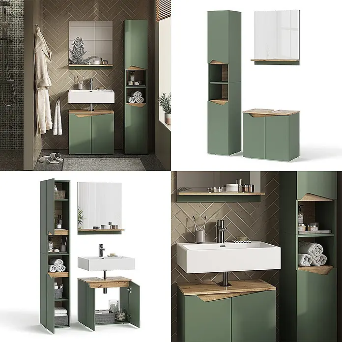 Vicco Badmöbel-Set Marelle Grün/Artisan 3 Teile, mit Hochschrank - Grün, Matt - Grünes Badmöbelset mit Holzoptik-Details: Waschbeckenunterschrank, Hochschrank und Spiegelregal in modernem Badezimmer.