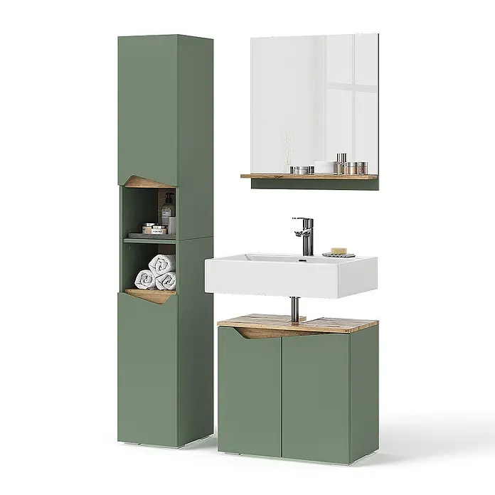 Vicco Badmöbel-Set Marelle Grün/Artisan 3 Teile, mit Hochschrank - Grün, Matt - Salbeigrünes Badmöbelset mit Holzdetails, bestehend aus Hochschrank, Spiegel mit Ablage und Waschtischunterschrank mit weißem Waschbecken.
