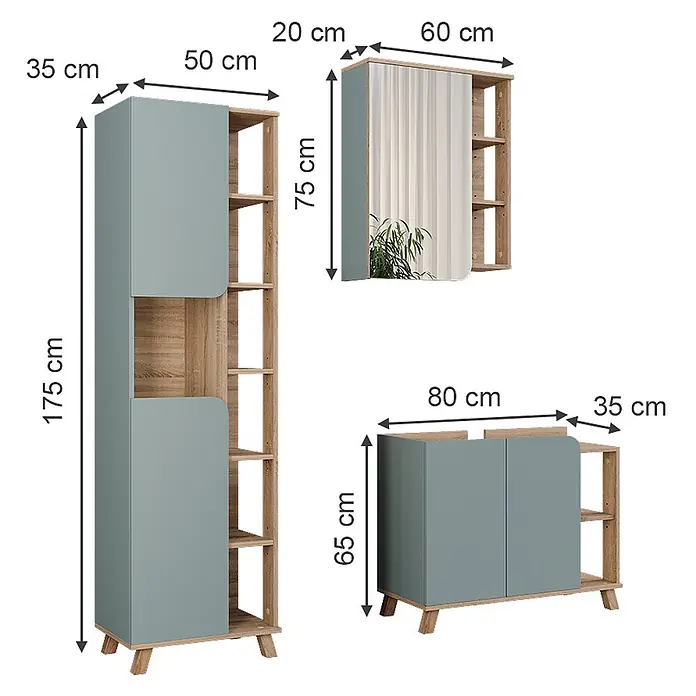 Vicco Badmöbel-Set Karen Sonoma/Blau 3 Teile - Sonoma, Matt - Modulares Möbelset in Holzoptik und Blau-Grau, bestehend aus Hochschrank, Wandspiegel und niedrigem Schrank mit Regalen.