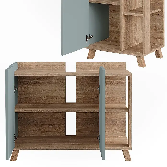 Vicco Badmöbel-Set Karen Sonoma/Blau 3 Teile - Sonoma, Matt - Mediaschrank in heller Eichenholzoptik mit hellblaugrauen Türen, offenen Mittelfächern mit Kabelaussparungen und schrägen Beinen.