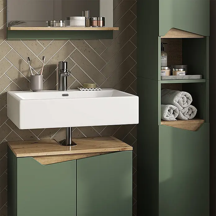 Vicco Badmöbel-Set Marelle Grün/Artisan 3 Teile, mit Hochschrank - Grün, Matt - Grüner Badunterschrank mit Holzplatte und integriertem weißen Waschbecken, dazu passender Hochschrank mit Holzablagen.
