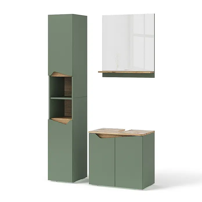 Vicco Badmöbel-Set Marelle Grün/Artisan 3 Teile, mit Hochschrank - Grün, Matt - Grünes Badezimmermöbelset: Hochschrank, Spiegel mit Holzablage und Waschtischunterschrank mit Holzplatte.
