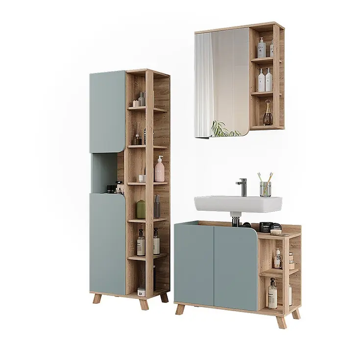 Vicco Badmöbel-Set Karen Sonoma/Blau 3 Teile - Sonoma, Matt - Modernes Badmöbelset aus heller Holzoptik und blau-grauen Paneelen, mit Hochschrank, Waschtischunterschrank und Spiegelschrank.