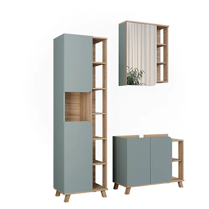 Vicco Badmöbel-Set Karen Sonoma/Blau 3 Teile - Sonoma, Matt - Modulares Möbelset: hoher und niedriger Schrank mit Holzoptik-Rahmen und salbeigrünen Türen, dazu ein passender Spiegelschrank mit offenen Fächern.