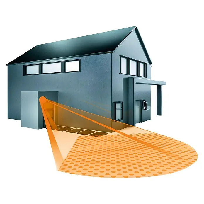 Steinel Bewegungsmelder IS 140-2 schwarz - Reichweite Sensor: 14 m, Schwarz, Erfassungswinkel Sensor: 140 °, L x B x H: 99 x 86 x 82 mm - Illustration eines Hauses mit einem Bewegungssensor, der einen orangefarbenen Erfassungsbereich aussendet.\n