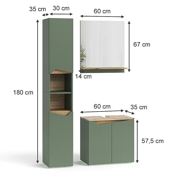 Vicco Badmöbel-Set Marelle Grün/Artisan 3 Teile, mit Hochschrank - Grün, Matt - Grüne Badmöbel mit Holzdetails: ein Hochschrank, ein Spiegel mit Ablage und ein Unterschrank.