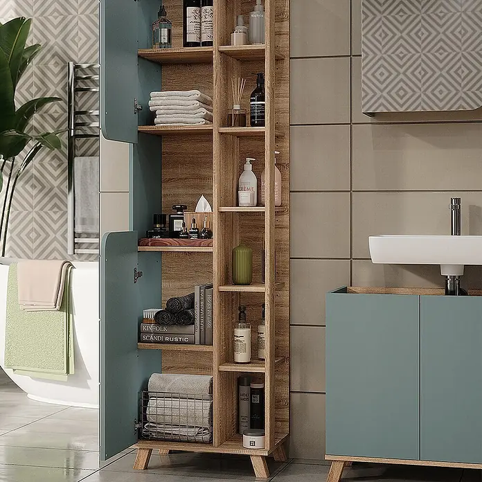 Vicco Badmöbel-Set Karen Sonoma/Blau 3 Teile - Sonoma, Matt - Hoher Badezimmerschrank aus hellem Holz und Blaugrün, mit offenen Fächern und geschlossenen Abschnitten.