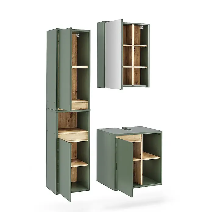 Vicco Badmöbel-Set Viola Grün/Artisan 3 Teile - Grün, Matt - Set salbeigrüner Badmöbel mit hellen Holzinterieurs, bestehend aus Hochschrank, Spiegelschrank und Waschtischunterschrank.